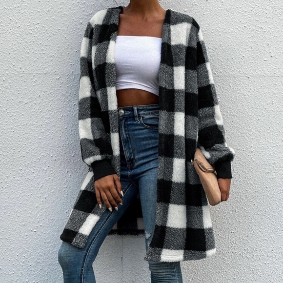 Jackets & Blazers - Black and White Gingham Teddy Coat in L